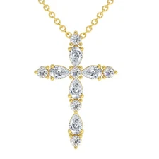 F/VS .75Ct Diamond Cross Round & Pear Shape 14k Gold Necklace Lab Grown 1" Tall