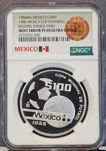 1986 MEXICO SILVER 100 PESOS WORLD CUP NGC PF 69 ULTRA CAMEO MINT ERROR