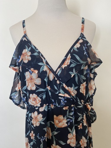 TORRID Faux Wrap Dress Navy Blue Floral Cold Shoulder Hi-Lo Chiffon Lined Size 3 - Picture 7 of 15