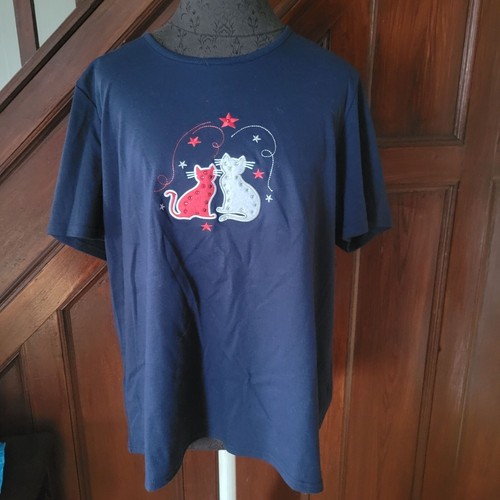Bonnie Evans Womens 3X Navy T-Shirt With Embroidered Cats Design