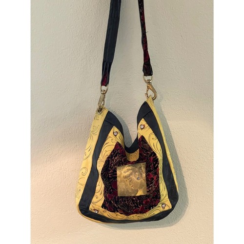 Handmade Festival Hobo Artsy Leather & Satin Renaissance Handbag Crossbody Bag - Picture 5 of 15