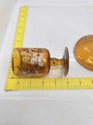 Vintage Hand Painted Floral Bohemian Amber Glass Ashtray and Cigarette Holder - Picture 12 of 12