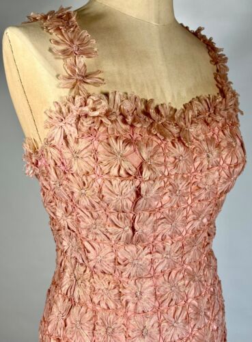 Vintage 1950's-60's UNIQUE intricate handmade pink & gold ribbon sheath dress XS - Picture 11 of 21