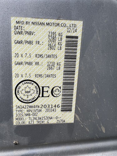 2015-2019 NISSAN MURANO Driver Left Front Door Silver PAINT CODE K23 - Picture 9 of 9
