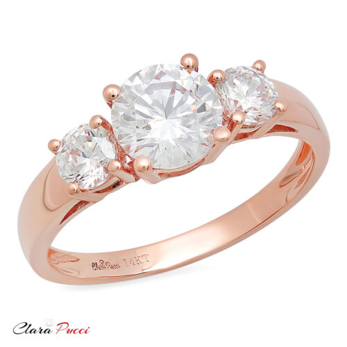 Anillo de compromiso de boda de 3 piedras de corte redondo de 1,5 quilates de oro macizo rosa de 14 k - Imagen 11 de 11