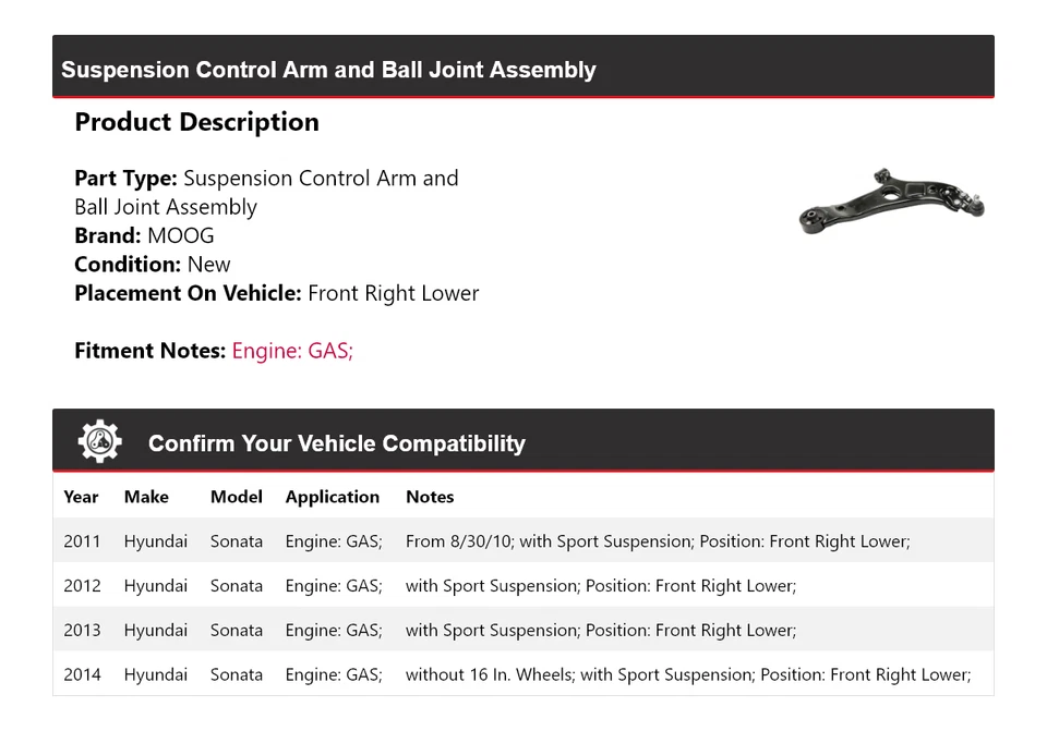 Brazo de control delantero derecho inferior MOOG 2011-2014 para Hyundai Sonata GAS 2011-2014 Foto 2 de 4