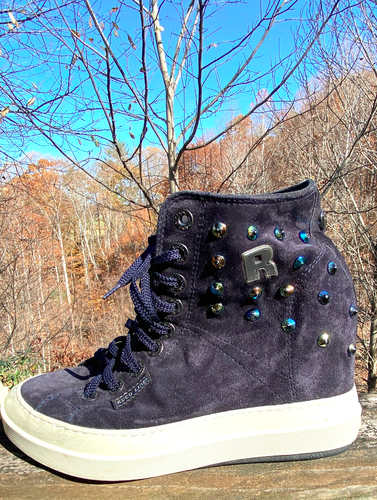 Scarpe con zeppa RucoLine blu scuro in pelle scamosciata e strass taglia 37 = taglia USA 6,5 - Foto 4 di 17