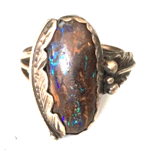 WOW Vintage Ring BOULDER OPAL 925 STERLING SILVER Size 7.5 Band Navajo lot y