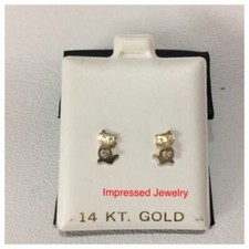 14K Yellow Real Gold Kitty Kitten Cat Stud Heart CZ Screwback Earrings Children