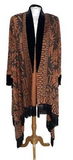 Zandra Rhodes 1980's Sz L Orange Black Cord Collared Open Front Fringed Coat