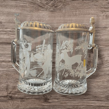 Vintage German Crystal Glass Beer Stein w/ Pewter Lid Set of 2