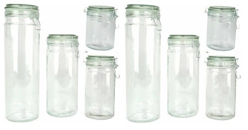 Set of 8 Glass Storage Jars with Silicone Sealing Hinged Lids, 4 Sizes - New - Picture 1 of 8