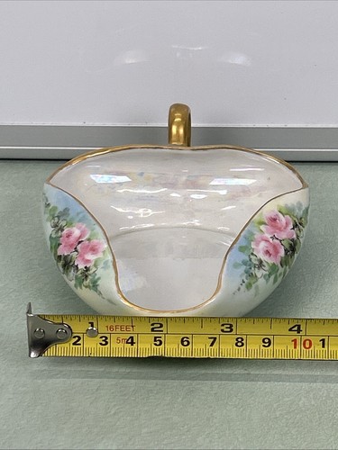 Antique 1919 Nappy Trinket Dish Gravy Boat Iridescent Bavaria Signed Gold Floral - Picture 9 of 9