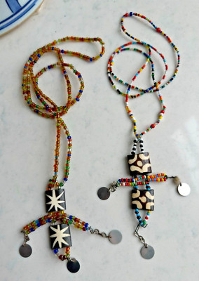 Set of 2 African Hand Made Beaded Pendants Necklaces Samburu Tribe Kenya Ethnic