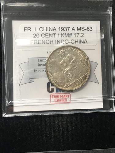 1937 A , France, Indo China, 20 Cent, Coin Mart Graded **MS-63** KM# 17.2
