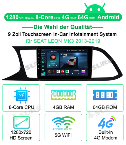4+64G Android 14 Autoradio CarPlay GPS Navi +Kam Für Seat LEON 5F1 5F5 2012-2019 - Bild 2 von 12