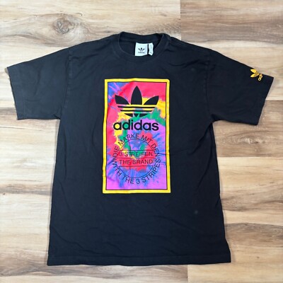 Adidas T Shirt Mens Medium Black Crewneck Tie Dye Tongue Cotton