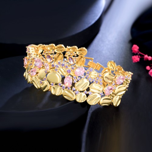 Kräftiges Armband Zirkonia matt Dubai Gelbgold vergoldet lila rosa groß breit - Bild 6 von 9