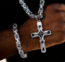 Men's Stainless Steel Cross Necklace  Bracelet Set