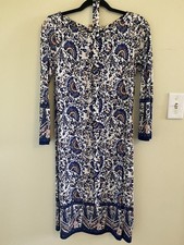 Tory Burch Printed Long Sleeve Midi Dress S in White and Navy