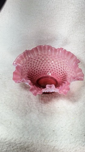 Vintage Fenton Cranberry Glass Opalescent Hobnail Ruffled Bowl - Picture 18 of 24
