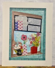 Original Unframed Art. Title Flowers In The window   Collage And Ink. Mounted