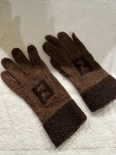 Fendi Wollhandschuhe Made in Italy Authentic Knit FF Braun 100% Wolle