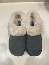 Clarks Women's Gray Slip-On Suede Slippers Faux Fur Lined Comfort Winter