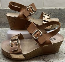 Mephisto Air-Relax Wedge Sandals Size-EU-39/US 8-8.5 Tan  Gold Leather / Cork