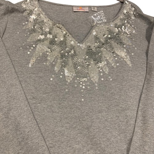 Quaker Factory Womens Gray Sequined V Neck Top 3X Boho Luxe Casual Glam Party - Bild 7 von 7