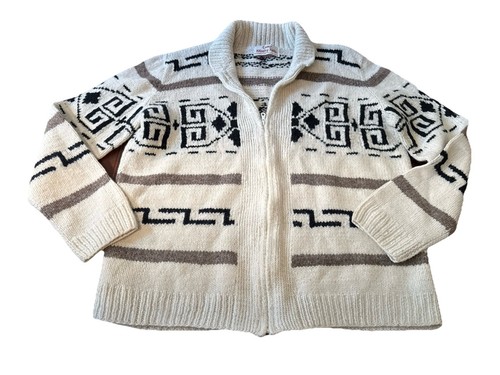 100% Wolle Strickjacke elfenbein schwarz und braun Boho Western Ranch Outdoor Herren - Bild 3 von 14