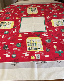 Vintage Mid Century Tablecloth Red Brick House Interior Decor
