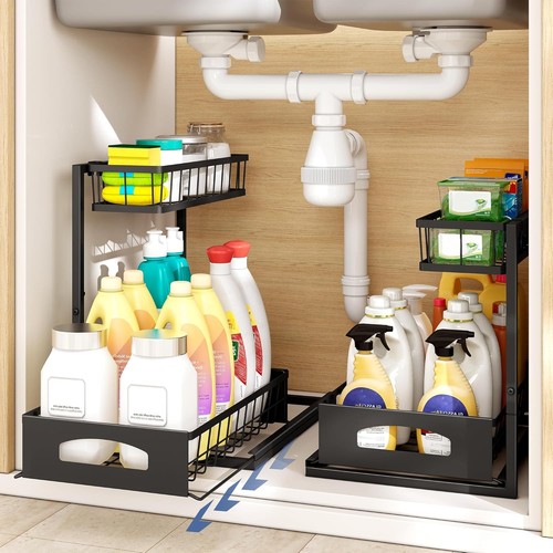 Unter Waschbecken Organizer, 2er Pack Höhenverstellbar Schrank Organizer mit Auszug - Bild 4 von 9