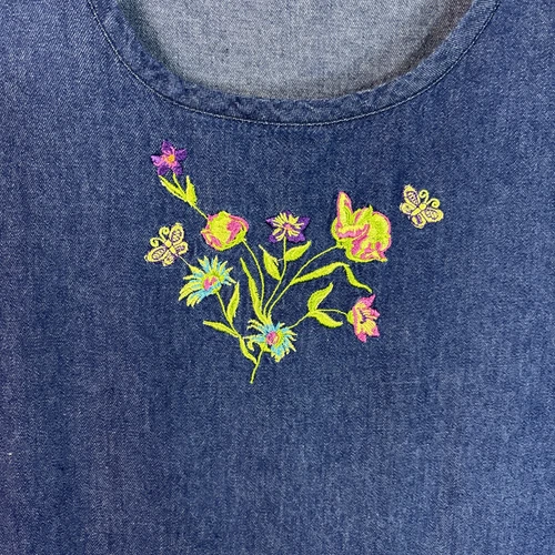 Vintage Denim Jumper Dress M Oversized Embroidered Tie Dark Wash Modest Maxi - Picture 4 of 13
