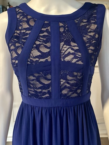 Cobolt Blue Gown Faux Sheer Geometric Top Flowing Bottom Sz4P Well Made Evening - Picture 3 of 7