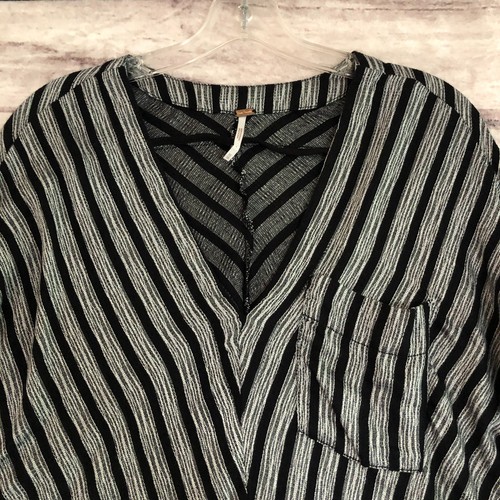 Free People Top XS Black Gray Morning Stripe Crop V Neck Dolman Tie Sleeve Rayon - Picture 3 of 13