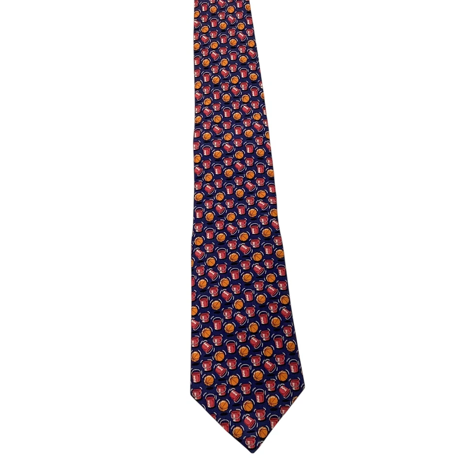 VINEYARD VINES Boys/Youth 100% Silk Necktie Designer BASKETBALL Blue/Orange GUC - Image 2 of 3