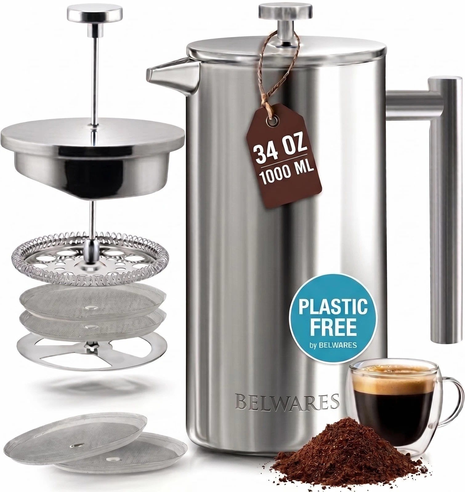 French Press Coffee Maker 34oz Stainless Steel Insulated Double Wall with