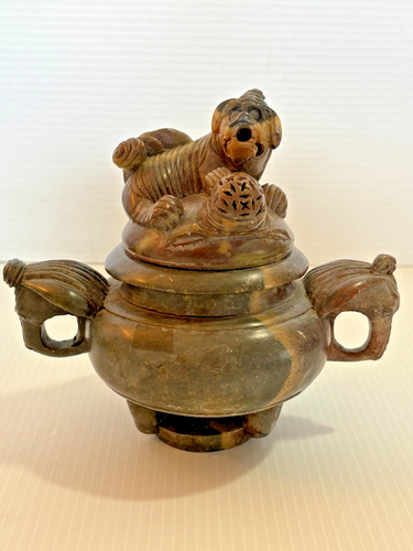 Antique Carved Stone Marble Chinese Incense Burner Foo Dog 6.5" *LG CHIP - Picture 2 of 15