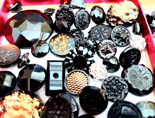 Collection Antique Black Glass Fancy Vintage Lot Buttons - Picture 7 of 8