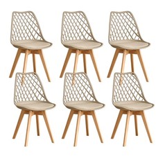 6x Sedie da pranzo cucina, design a griglia, beige con gambe in faggio e cuscino