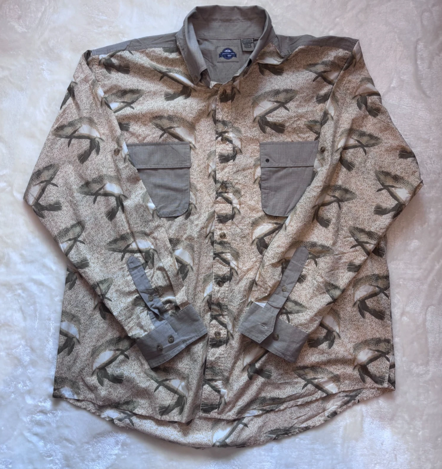 Shaver Lake Fishing Shirt Men's Long Sleeve Button Down Brown Fish Print Size XL