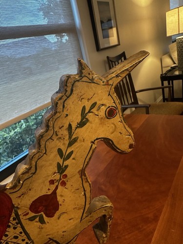 Handgemaltes Volkskunst Holz Einhorn signiert Primitive Americana repariert - Bild 3 von 11