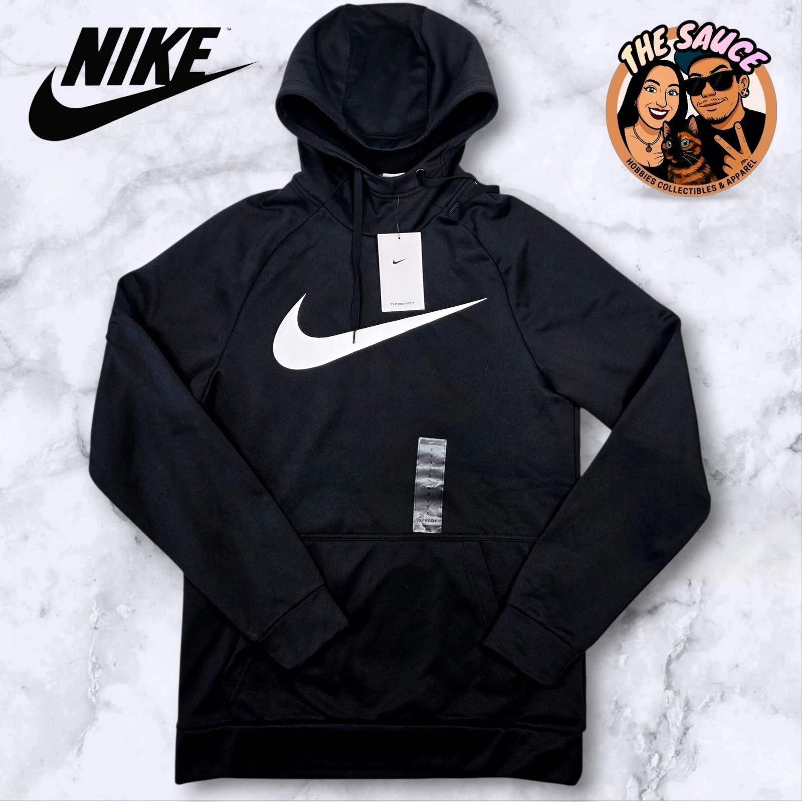 Nike Therma Fit Hoodie Black Big Swoosh Logo Athletic Training S Gym Active NWT