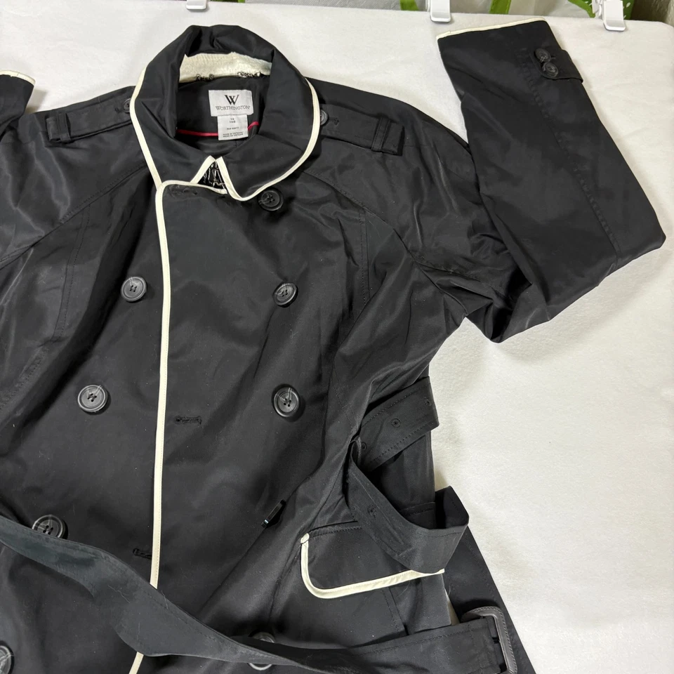 Worthington Trench Coat Women 1X Black White Trim Belted Double Breasted NWT - Image 4 of 4