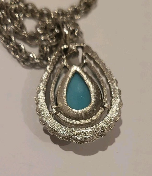 Vintage AVON Halskette mit türkisblauem Tropfen-Anhänger und Stahlkette - Bild 3 von 4