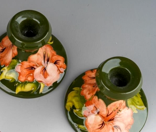 Pair of High Gloss Moorcroft Hibiscus Pattern Candlesticks - Picture 5 of 6