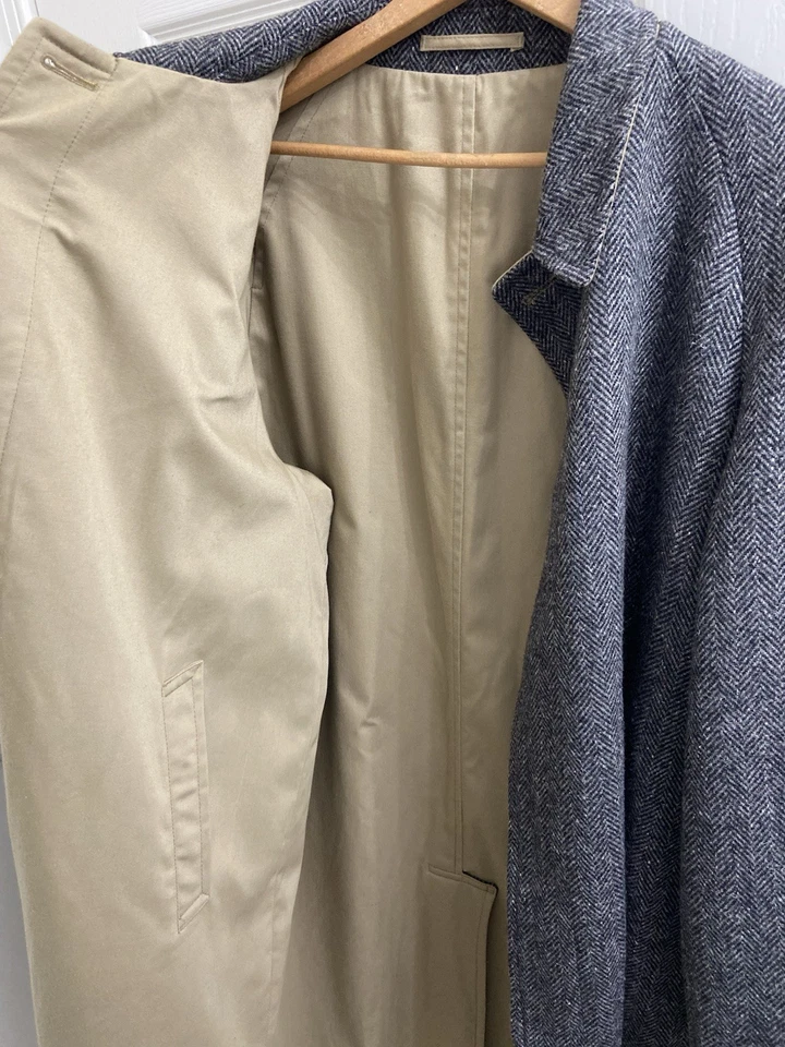 VTG MiUSA J.Press Reversible Gray Tweed Herringbone & Khaki Overcoat TrencH 44R - Image 3 of 4
