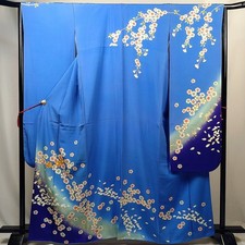 Vintage Japanese Silk Furisode Kimono   Blue  Purple with Cherry Blossom Rain