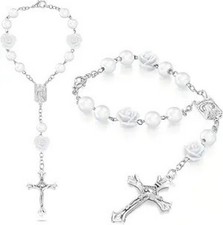 2-Piece Personalized Car Rose Rosary Hanging Decor for Rearview Mirror, White Cr